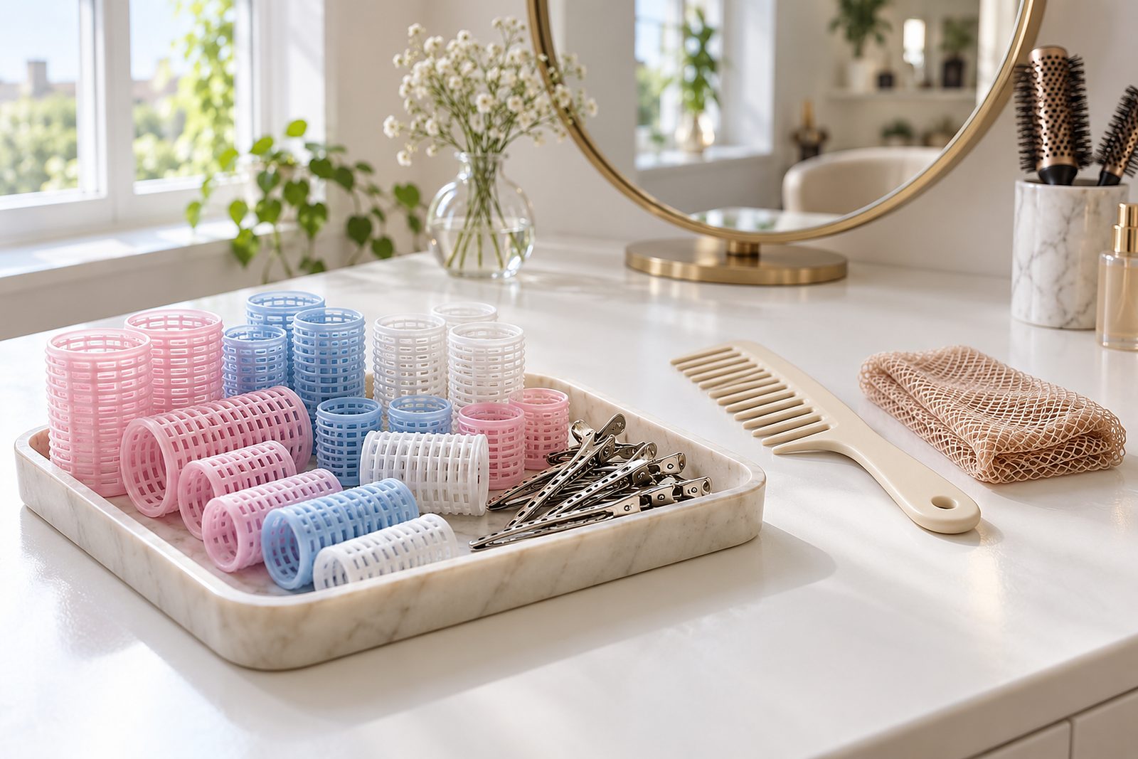 Tablett mit rosa, blauen und weißen Wicklern und Abteilklammern auf einem weißen Tresen, dahinter Kamm, Haarnetz und ein runder Spiegel
